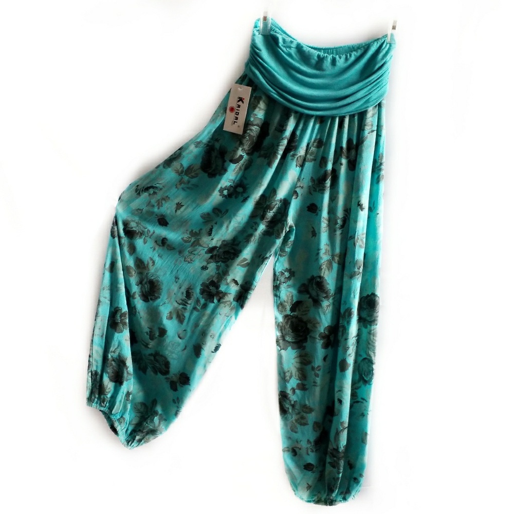 Kaidal Paris turquoise floral harem pants NWT L/XL
